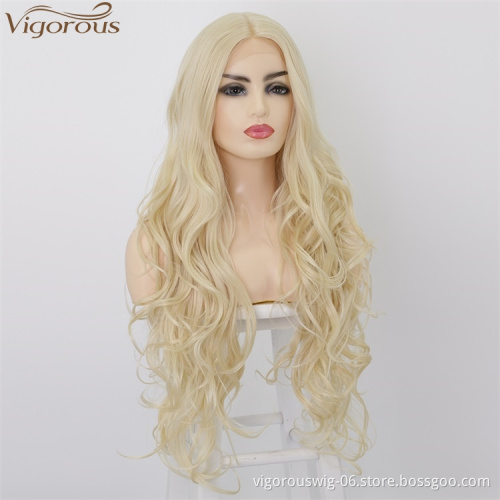 Vigorous High Quality Lace Front Wigs Long Wavy Synthetic Wigs Middle Part 613 Blonde Wigs Heat Resistant Fiber Wholesale Price